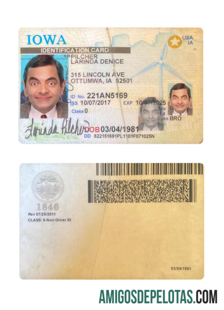 Exemplo de cartão de identificação dos EUA Iowa